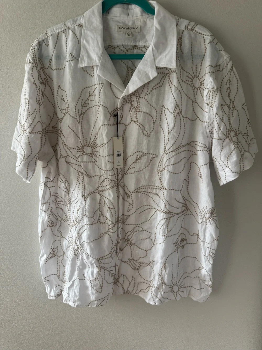 Banana Republic Linen White Short-Sleeve Button-Down with Brown Floral Stitching